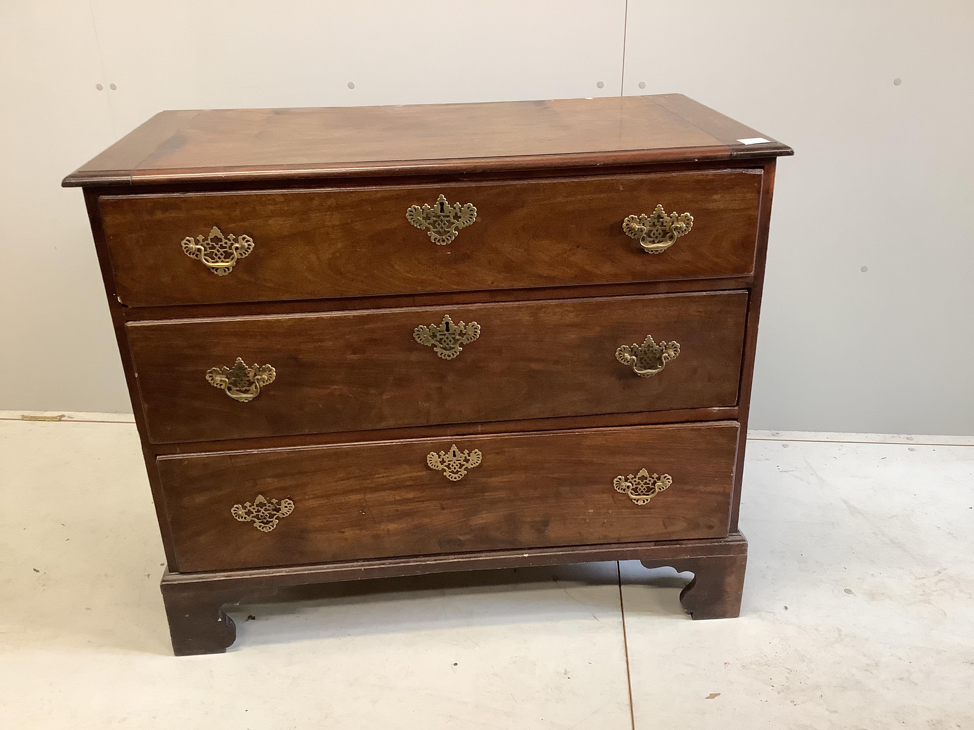 A George III mahogany three drawer chest, adapted, width 107cm, depth 53cm, height 89cm